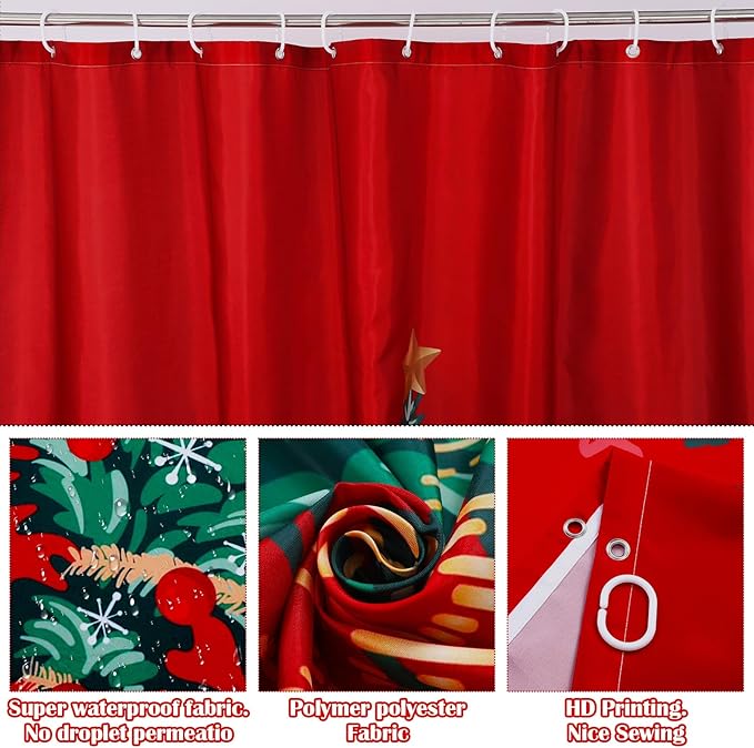 Drydiet 4 Pcs Christmas Shower Curtain Set Bathroom Decoration Non Slip Rugs Mat Toilet Lid Cover Shower Curtain for Xmas Holiday Farmhouse Home Bathroom Decor(Red Christmas)