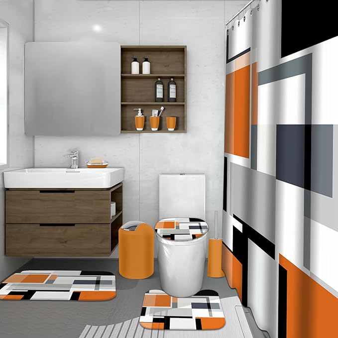 Lnond Orange Bathroom Set, 23-Piece Orange Black Geometric Bathroom Decor Set with with Shower Curtain and Rugs, Trash Can, Toilet Brush Holder Set & Soap Dispenser