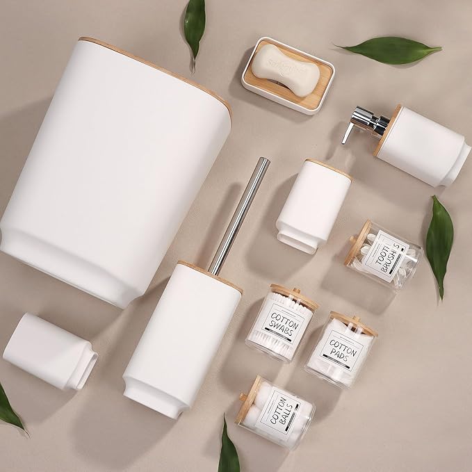 IMAVO 11 Piece White Bathroom Set, Trash Can, Toilet Brush, Storage Tray, Complete Bathroom Accessories Organization Kit for Bathroom Décor and Home Gifts