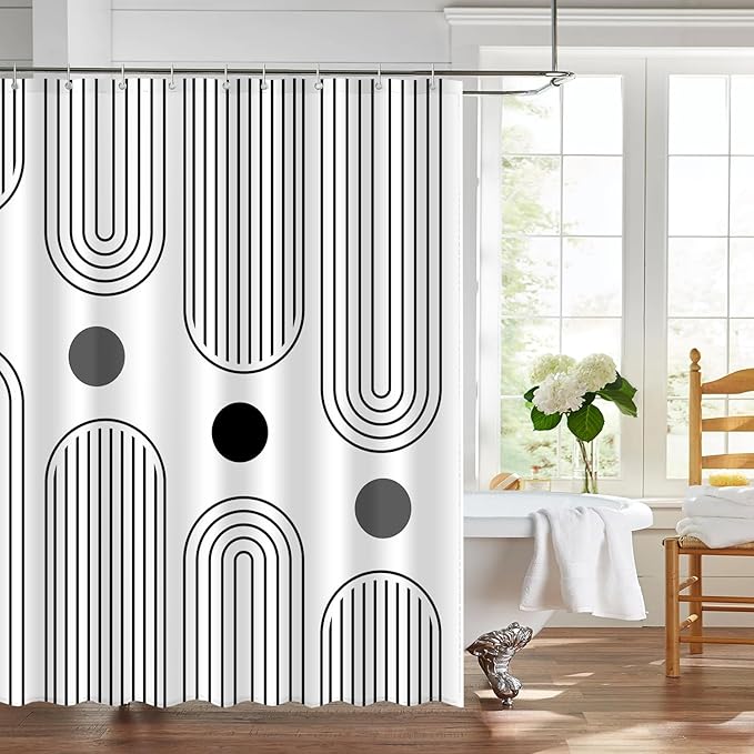 Boho Mid Century Shower Curtain Set, Modern Minimalist Arch Lines Sun Abstract Aesthetics Bathroom Decor, Waterproof Fabric White Bohemian Bath Curtain with 12 Hooks 72x72 inches