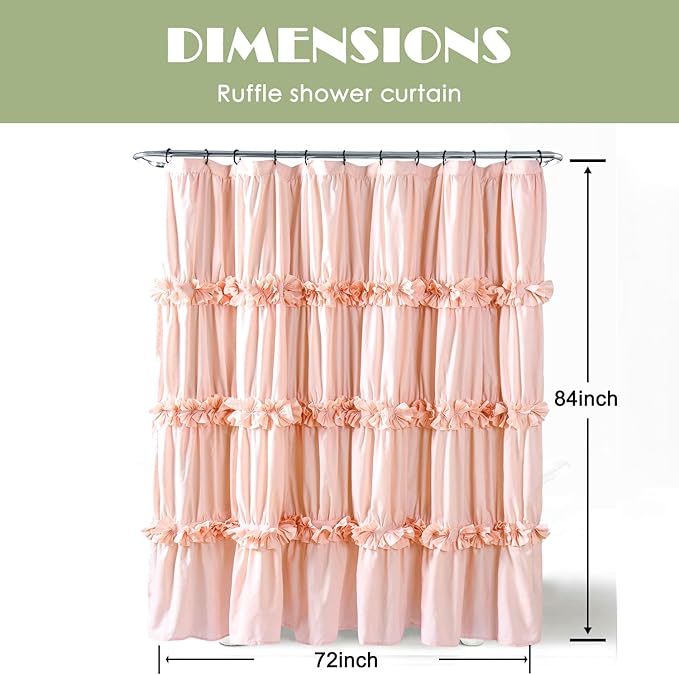 Peach Ruffle Shower Curtain, Vintage Handcrafted Bow Tie Bath Curtain for Master Bathroom, Ruched Microfiber Bathroom Curtain with 12 Buttonholes, 72" W x 84" H (LQ-10)