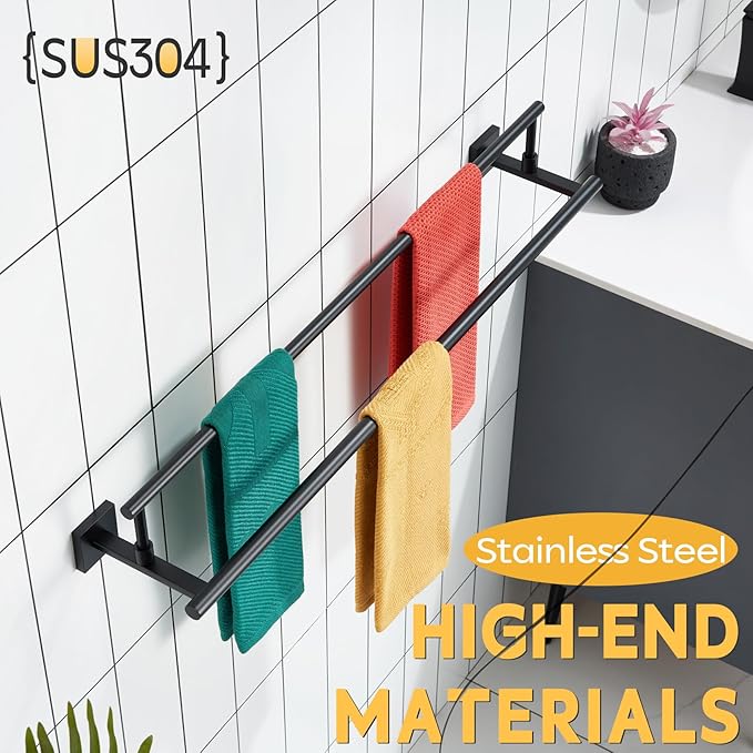 KOKOSIRI Bathroom Towel Bars 32-Inch Double Towel Rails Matte Black Towel Holder Overlength for Kitchen Garage Stainless Steel B5009BK-L32