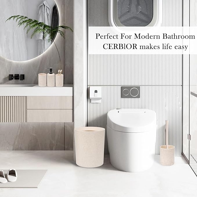 CERBIOR Bathroom Accessories Set 6 Piece Wheat Straw Bath Ensemble Includes Soap Dispenser, Toothbrush Holder, Toothbrush Cup, Soap Dish for Decorative Countertop and Housewarming Gift (Beige)
