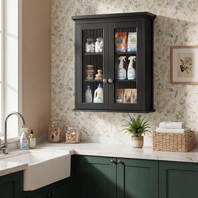 Wall Mounted Bathroom Cabinet with Fluted Glass Doors, Medicine Cabinet with Soft-Close Hinges, Space Saving Wall Organizer for Bathroom Above Toilet Storage (Black)