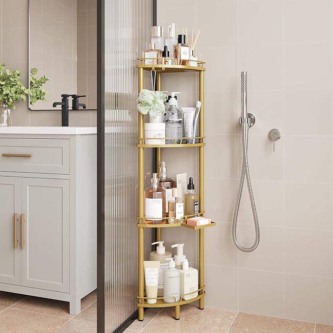 ELYKEN Corner Shower Caddy Standing, 4 Tier Rustproof Metal Shower Organizer with Soap Holder, Floor Shower Corner Shelf Rack Storage Stands with Adjustable Feet & 2 Hooks for Bathroom, Gold