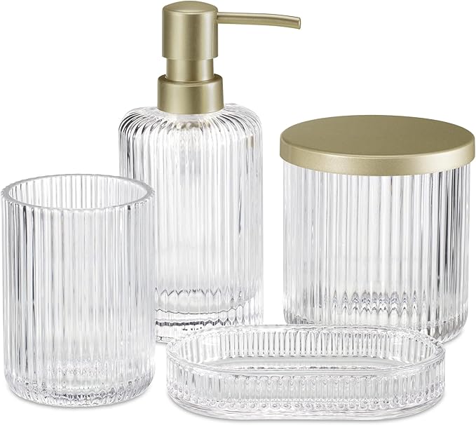 Navaris Glass Bathroom Accessories Set (4 Pieces) - Includes Soap Dispenser, Toothbrush Tumbler, Soap Dish, Cotton Pad Holder - Clear Glass with Gold Metal