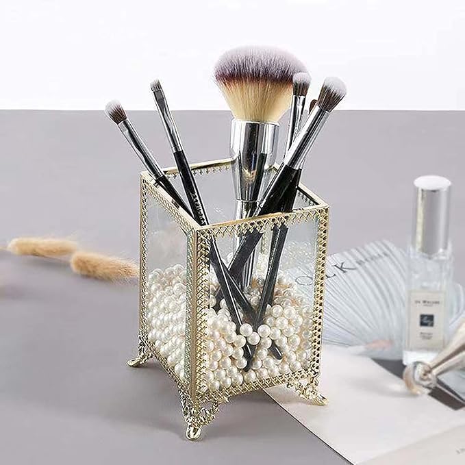 HKS Makeup Brush Holder Vintage Glass Handmade Organizer with White Pearls for Nail Brush, Vanity, Bathroom, Dresser, Countertop - Gold