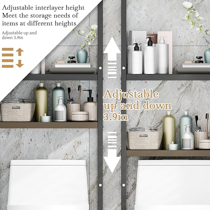 Over Toilet Shelf with Adjustable 3-Tier Shelves & Anti-Slip Base, Freestanding Bathroom Storage Rack, Heavy-Duty Carbon Steel Organizer, Space Saving for Bathroom Laundry, 52x22x162cm Black