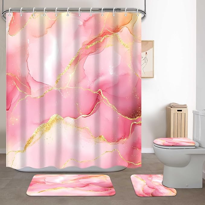 Lnond 4Pcs Bathroom Sets with Shower Curtain and Rugs, Pink Gold Marble Modern Art Shower Curtain Sets with Rugs and Accessories