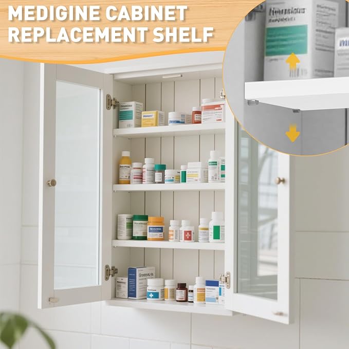 6pcs Medicine Cabinet Shelf Replacement 13inch Wooden Medicine Cabinet Shelves Wooden Bathroom Cabinets Shelves for Living Room Bathroom Kitchen Wall Mounted Medicine Cabinets (White)