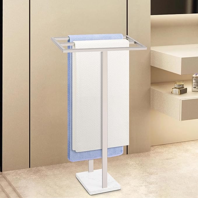 Livabber Standing Towel Rack, 304 Stainless Steel 2 Tier Towel Holder Stand with Heavy Marble Base, Stylish Floor Towels Bar for Bathroom Accessories, Laundry Room, Pool (Brushed Nickel)