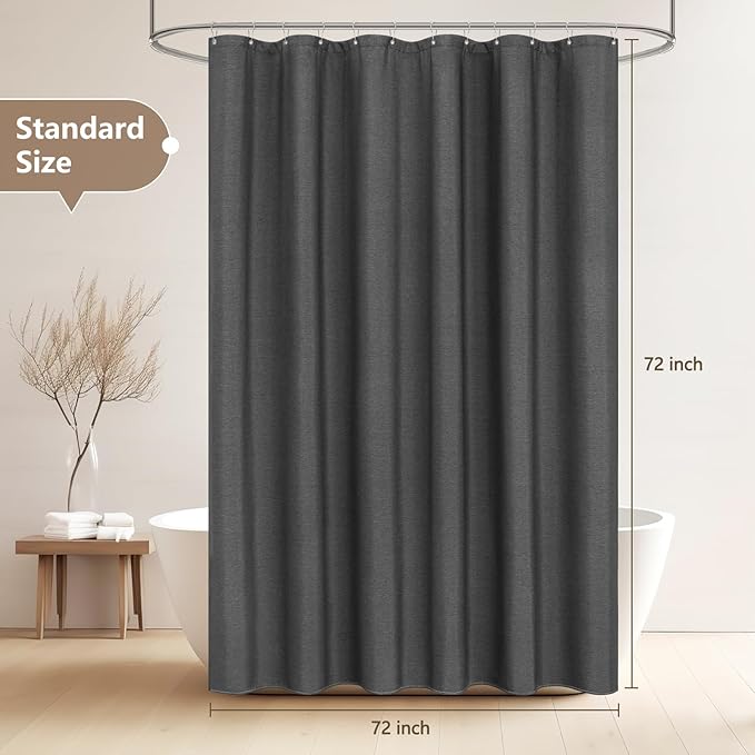 Rustic Country Linen Look Shower Curtain Charcoal Grey, Heavyweight Faux Linen Polyester Fabric Shower Curtain Water-Resistant, 72 x 72 Inch Dark Gray Bath Curtain Washable for Bathroom Hotel