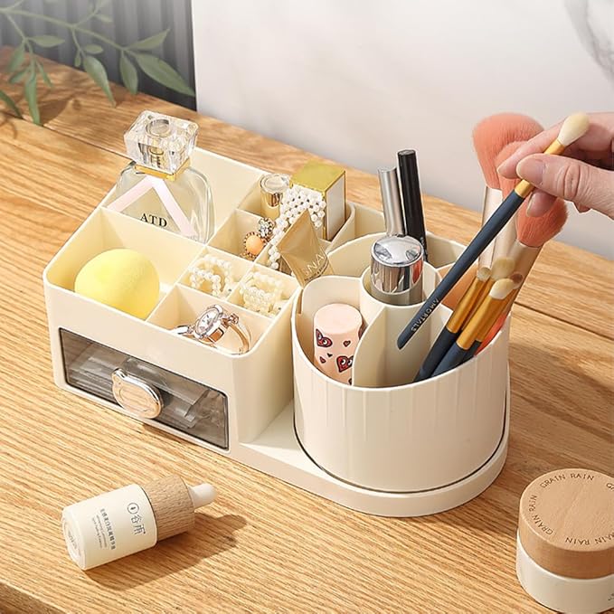 Dressing Table Organiser 360° Makeup Organiser Rotatable 2-in-1 Brush Holder Cosmetic Storage for Room Decor, Dressing Table, Bathroom and Bedroom (22.5 x 12 x 11 cm)