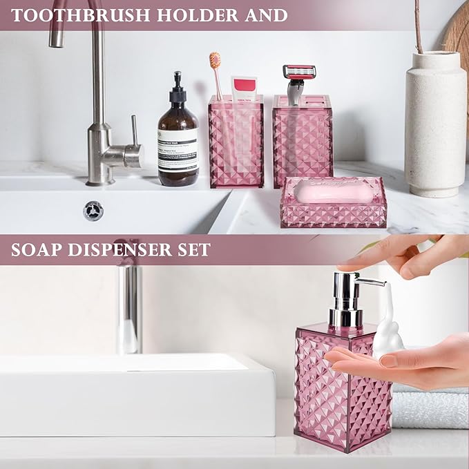 Bathroom Accessory Set, Grid Pattern 4 Pcs Plastic Bathroom Set Include Soap Dispenser, Soap Dish, Toothbrush Holder, Mousewash Cup, Modern Bahtroom D??cor Set(Burgundy)