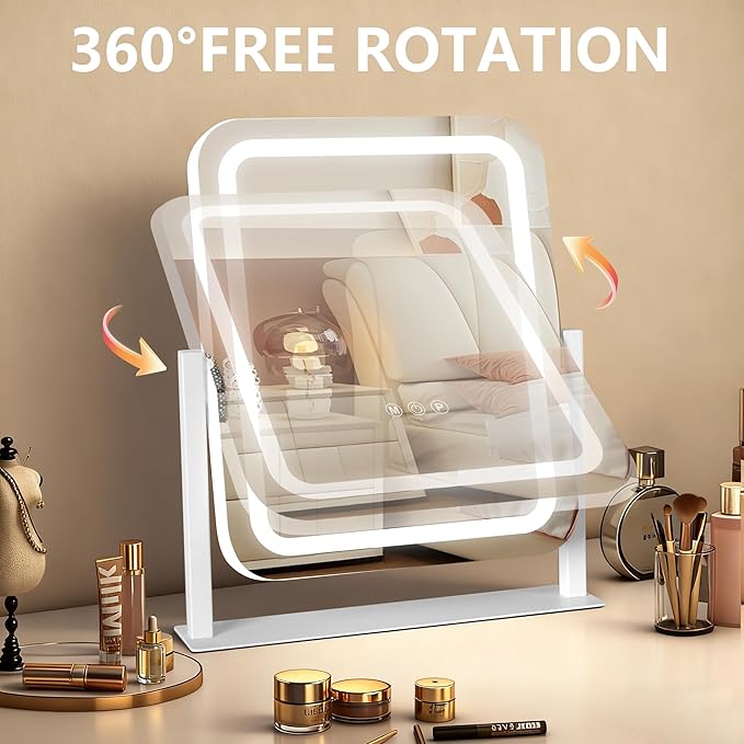 Ratsamee Vanity Mirror with Lights 15"×13", Led Makeup Mirror, Lighted Makeup Mirror with 3 Color Dimmable Lights, Smart Touch Screen Control, 360°Rotation