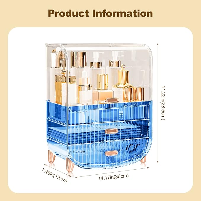 Ergocar Portable Transparent PET Series Multi-Function Make Up Case Dustproof Cosmetic Storage Box, Cosmetics Skin Care Products Jewelry Organizer Case Lipstick Box - Blue Three Layers