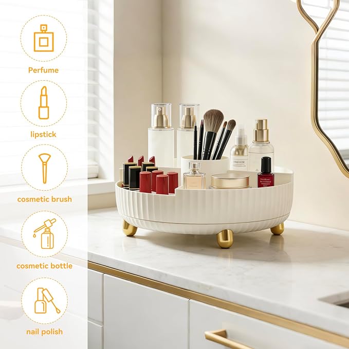 Rotating Makeup Organizer with Brush Holder Spinning Tray for Cosmetics, Skincare, Perfume Bathroom Vanity Storage, White