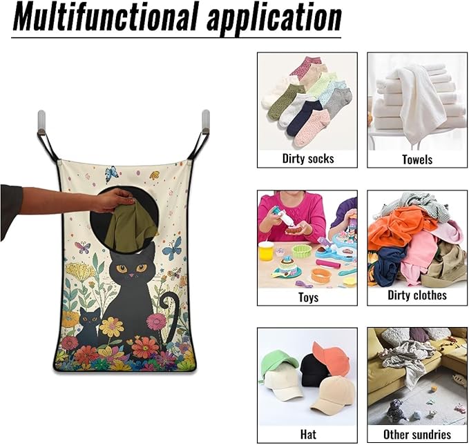 ZOUTAIRONG Black Cat Flower Hanging Laundry Hamper Kids Girls Laundry Basket Laundry Hamper Space Saving Home Storage Organizer Clothes Hampers
