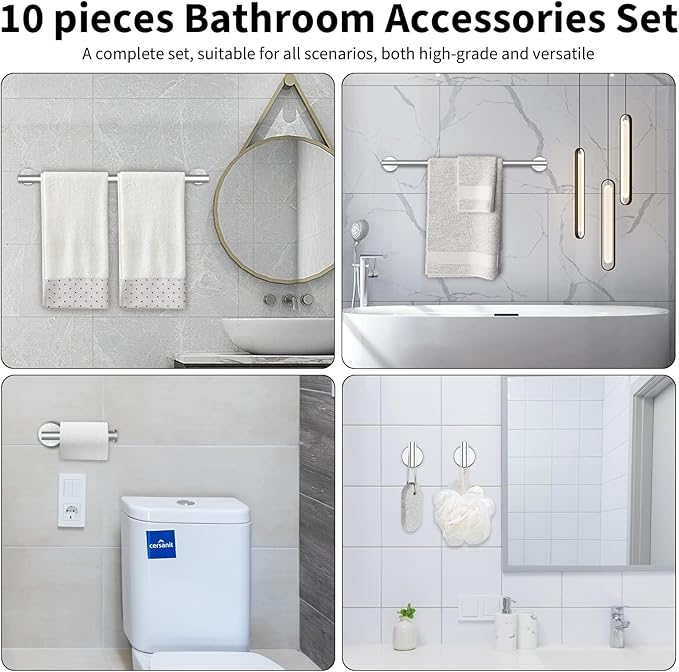 Newfun 10-Pieces Bathroom Hardware Set, Includes 24 Inch Towel Racks for Bathroom Wall Mounted, Toilet Paper Holder, Towel Hooks for Bathrooms, Towel Rings for Bathroom Wall (Brushed Nickel)