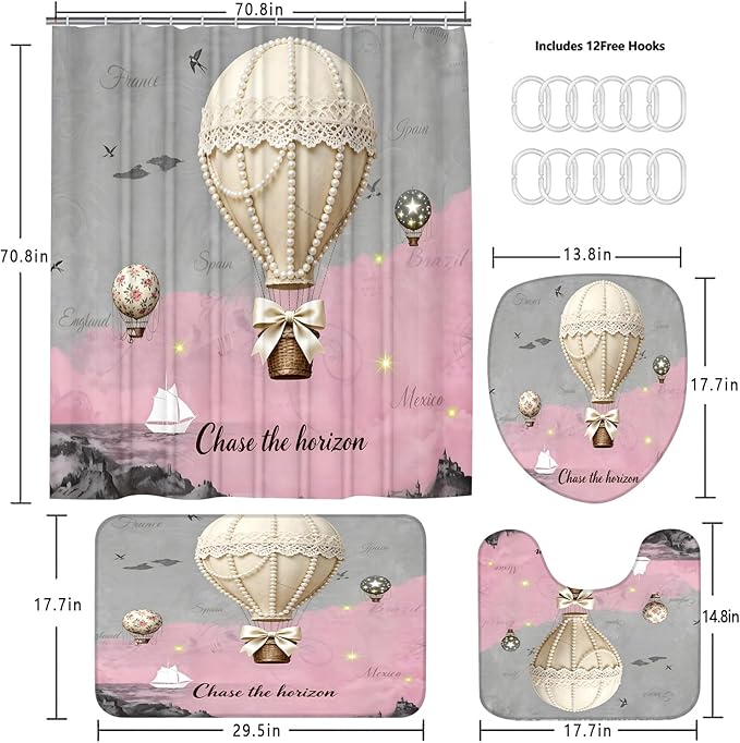 jieprom 4 Piece Pink and Grey Shower Curtain Set with Rugs, Vintage Pearl & Lace Hot Air Balloon Art, Romantic Travel Aesthetic Bathroom Decor, Non-Slip Mats & Toilet Lid Cover, Waterproof Fabric