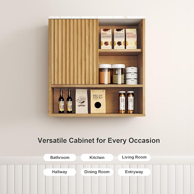 Bathroom Cabinet Wall Mounted Fluted, Modern Medicine Cabinet Over The Toilet Storage Cabinet Faux Marble Top with Adjustable Shelf, Wood Wall Mounted Storage Cabinet Organizer(Oak, Medium)