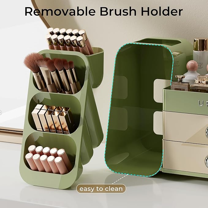 Makeup Organizer for Vanity with Brush Holder, Countertop Skincare Organizer with 2 Drawers, Spacious Cosmetic Display Case for Perfumes, Eyeshadow Palettes, Nail Polishes