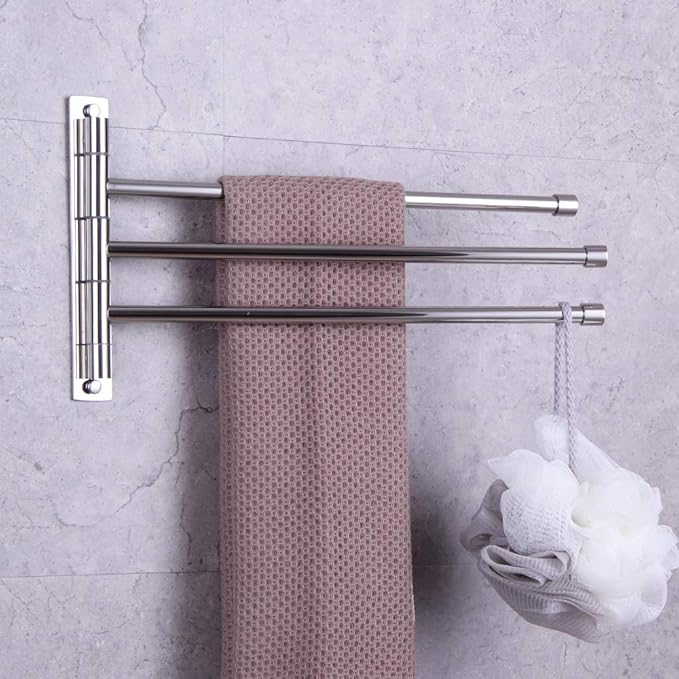 GERZWY SUS 304 Stainless Steel Bathroom Hand Towel Rack 3-Bar Folding Arm Swivel Hanger Bath Towel Holder Swing Out Towel Bar Wall Mount Polished Finish HYG03-JG
