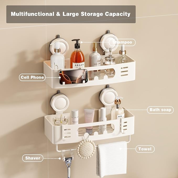Voldra Shower Caddy Suction Cup, Shower Shelves for Inside Shower No Drilling, Aluminum Suction Showers Organizer for Wall with Towel Bar & Hooks Removable Bathroom Storage Rack(1 Pack-White)