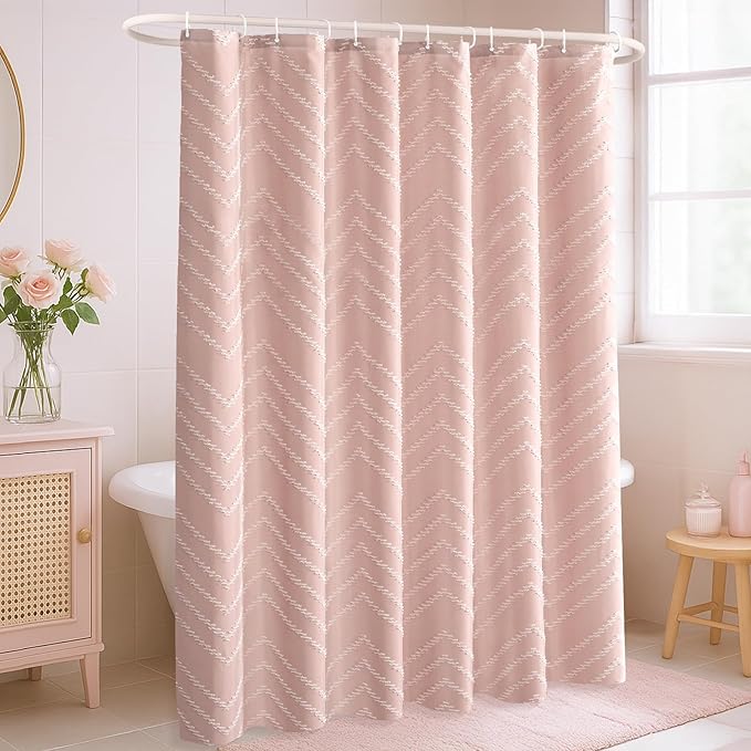 Blush Pink Boho Shower Curtain Cute Shower Curtain Modern Farmhouse Textured Chevron Striped Minimalist Bathroom Shower Curtains