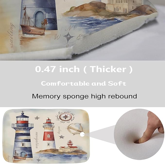 Beach Ocean Modern Bathroom Sets with Coastal Lighthouse Funky Shower Curtain and 20 x 31 Rugs Bathroom Accessories Sets Decor with Bath Rug, Bath Mat, U-Shaped Contour and Hooks 72 x 72 Inch Colorful