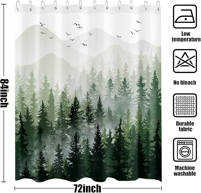 Accnicc 84 Inch Extra Long Green Misty Forest Shower Curtain Ombre Sage Green Mountain Pine Tree Waterproof Fabric Shower Curtains for Bathroom Nature Woodland Decorative Modern Bath Curtain Decor