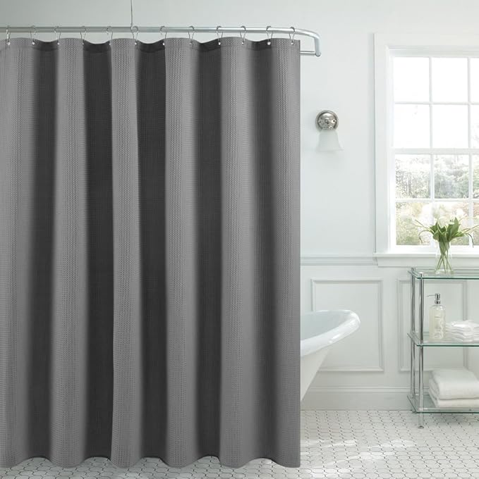 Barossa Design Long Fabric Waffle Weave Shower Curtain 78 inch Height, Hotel Luxury Spa, 230 GSM Heavy Duty, Water Repellent, Machine Washable, Gray Pique Pattern, 71x78