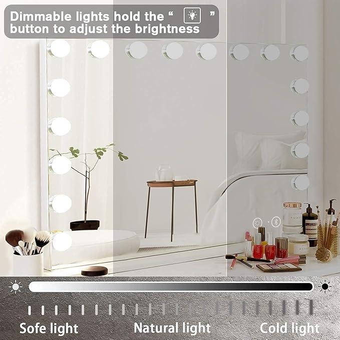 Hansong Vanity Mirror with Lights and Bluetooth Speaker 32"x 22.8" Hollywood Makeup Mirror with 18 LED Bulbs, Large Lighted Mirror with 3 Color Modes, USB Charging, 10x Magnification, Tempered Glass