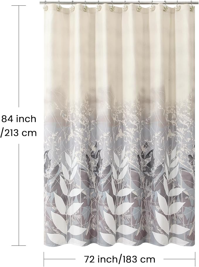 Extra Long Shower Curtain 72x84 Inch, Polyester Fabric | Waterproof Botanical Design with Cream & Taupe-Grey Leaves
