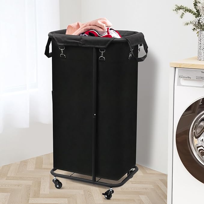 Longzhuo 47.55 Gal(180L) Laundry Basket with Wheels, Rolling Laundry Basket, Large Laundry Hamper, Metal Wheeled, for Hotel, Bedroom, Laundry Room Organization, Black