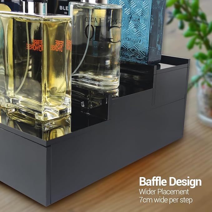 GOH&FTY Cologne Organizer for Men,3 Step Acrylic Waterproof Black Cologne Stand with Drawer and Secret Compartment, Cologne Holder Tray Display Shelf as a Gift for Men in Dresser,Bedroom