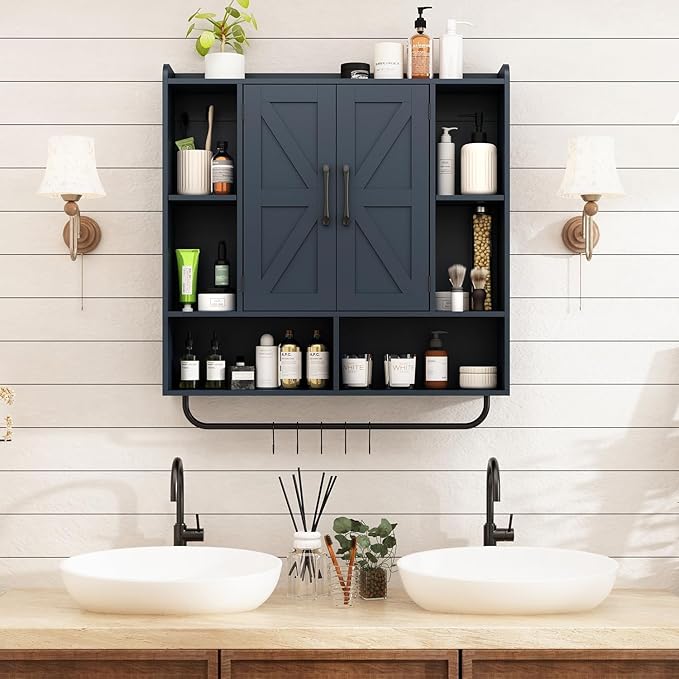 RUSTOWN Rustic Wood Wall Bathroom Cabinet, Farmhouse Medicine Cabinet Wall Mounted, Space Saving Wall Storage Cabinet with 2 Barn Door, 3-Tier Adjustable Shelves and Towel Bar(Navy Blue)