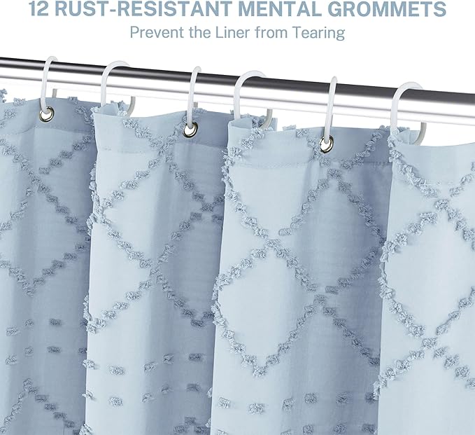 Extra Long Fog Blue Boho Shower Curtain - Woven Fabric, 72 x 84 Tufted Chevron Textured Striped Modern Farmhouse Minimalist Cloth Shower Curtain for Bathroom