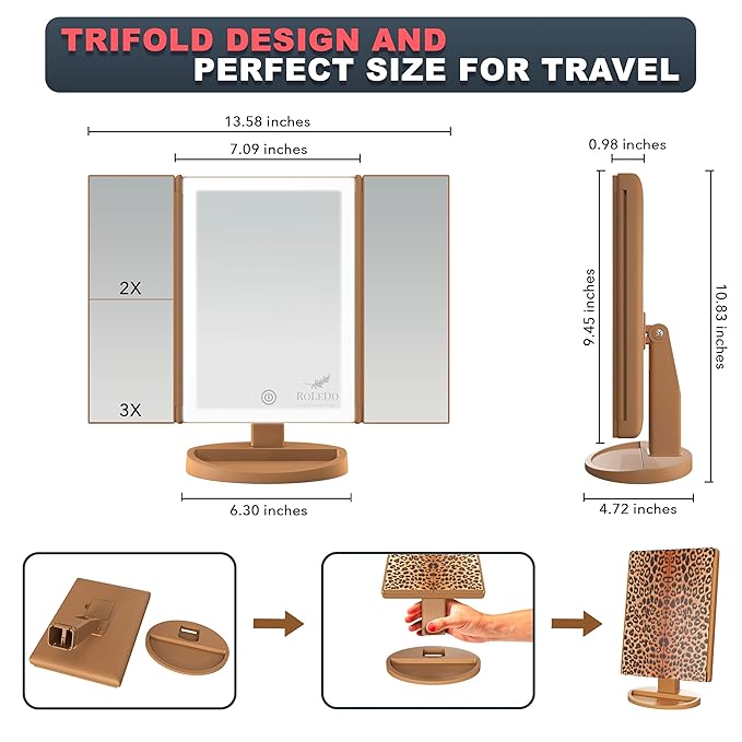 RoLeDo Lighted Makeup Mirror with Magnification 2X 3X 10X, Trifold Vanity Mirror with Lights, 72 LED Mirror, Touch Screen, 3 Color Lighting, Dual Power, Cheetah Print, Gifts for Women, Leopard Print