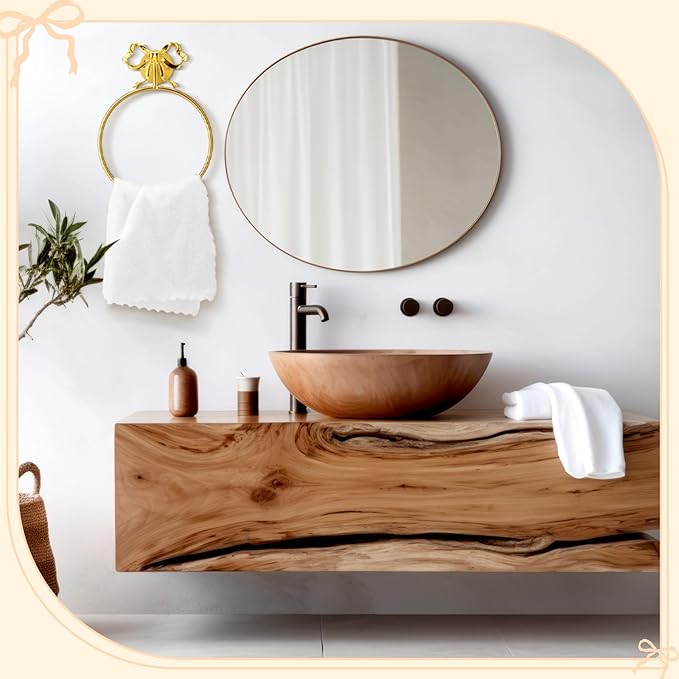 MorningRo Coquette Gold Bow Towel Holder Brass Gold Bow Hand Towel Ring Retro Bathroom Hardware Accessories Vintage Girly Wall Mount Hanger Ring for Room Bathroom Kitchen Decor