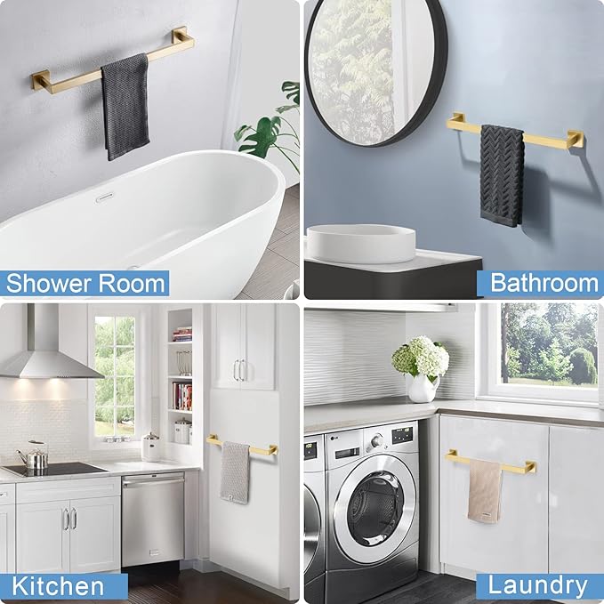 TQKAG Single Towel Bar Brushed Gold 23.6 Inch Bathroom Towel Holder Rail Stainless Steel Wall Mounted Bath Towel Hanger.