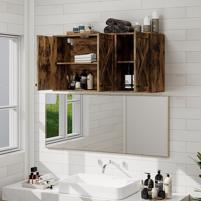 YOURLITE Laundry Cabinet, Medicine Cabinet, Bathroom Kitchen Storage Wall Mounted Farmhouse Organizer with Shelves Over Toilet, 36" Wide, Rustic