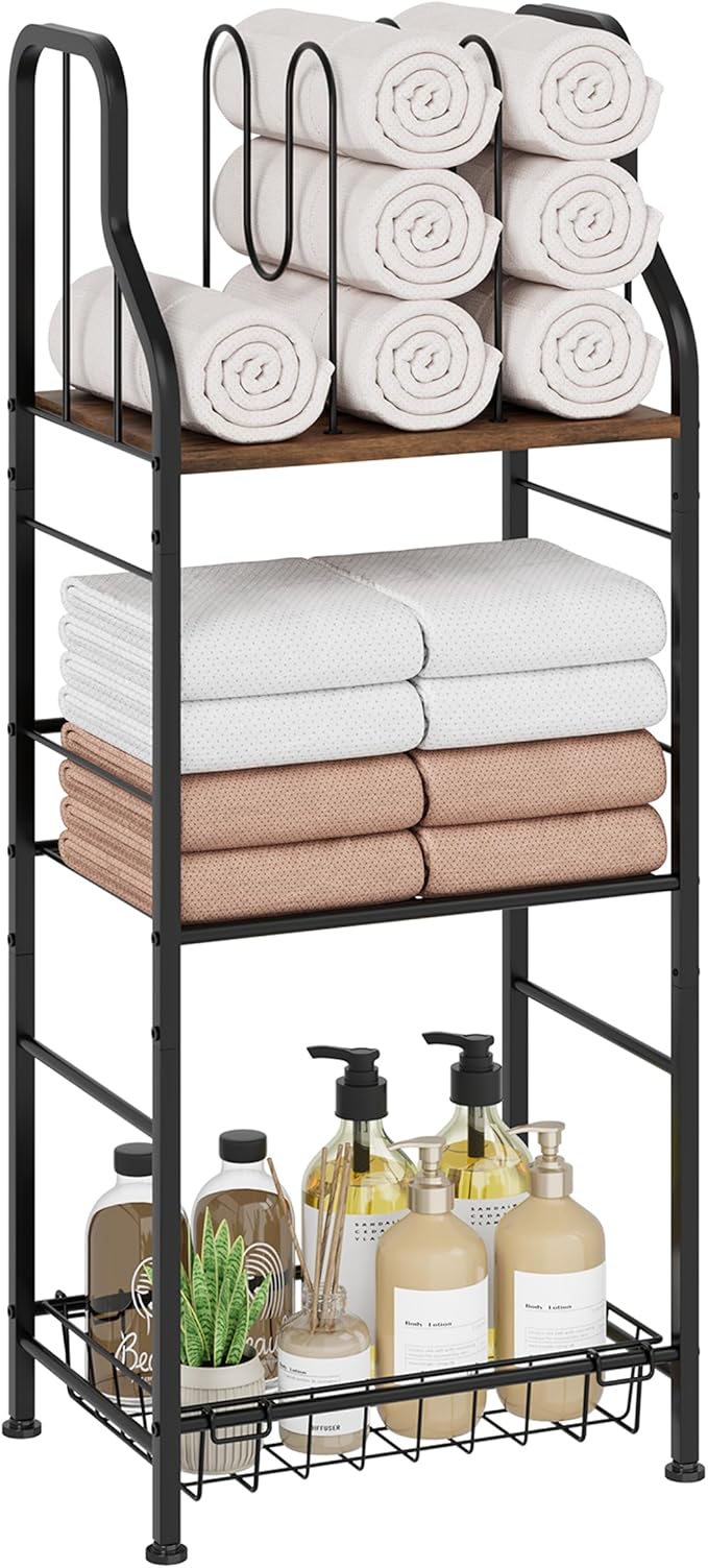 SWTYMIKI Free Standing Towel Rack - 3 Tier Towel Racks for Bathroom with M-Shaped Dividers, Durable Metal Towel Holder, Pool Towel Rack, Space-Saving Towel Storage Organizer, Modern Bath Towel Shelf
