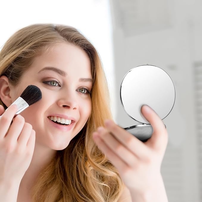 Oval Mini Portable Metal Folding Mirror, Beautiful and Elegant, Sturdy and Durable, 1X/2X Magnifier. (Oval Silver)