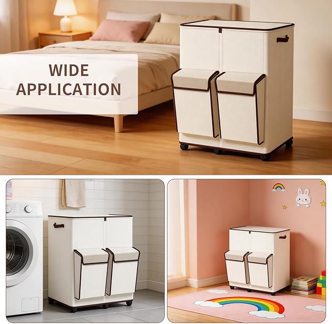 180L Large Dual Laundry Hamper With Lid And Wheels, Big Rolling Laundry Basket 2 Section Dirty Clothes Basket With 2 Side Pockets, Laundry Hanper With 2 Removable Bag For Laundry Room, Bedroom (White)