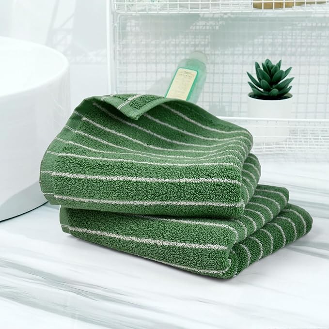 Jacquotha Hand Towels for Bathroom Green Striped - 2-Piece Premium Quick Drying Towels for Kitchen Spa Workout, Stylish Compact for Hand Face Hair, 14” x 29”