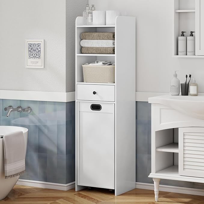 Laundry Hamper Cabinet, Laundry Cabinets and Storage with Multi Shelves, Hidden Movable Laundry Hamper Cabinet for Bathroom or Laundry Room Organization, White
