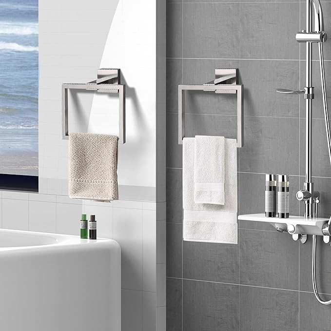 LANC Hand Towel Holder for Bathroom Wall Mount Brushed Nickel Square Hand Towel Rings 2PC Towel Ring for Toilet Bathroom Hardware Accessories Stainless Steel Modern Shower Towel Hanger, A8896BN-P2