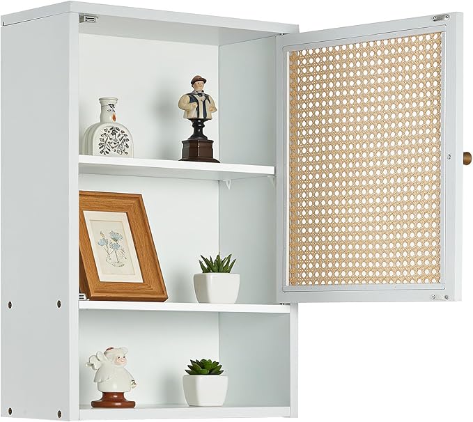 Bathroom Wall Cabinet, Bamboo Medicine Cabinet with Rattan Doors, Adjustable Shelf, Wall Mounted Storage Cabinet for Bathroom, Kitchen, Laundry Room White