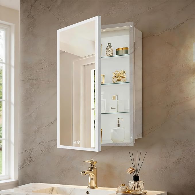 16x26 Inch Lighted Medicine Cabinet with Anti-Fog Mirror, 3 Glass Shelves, Dimmable LED, Recessed or Surface Mount Bathroom Smart Mirror Cabinet